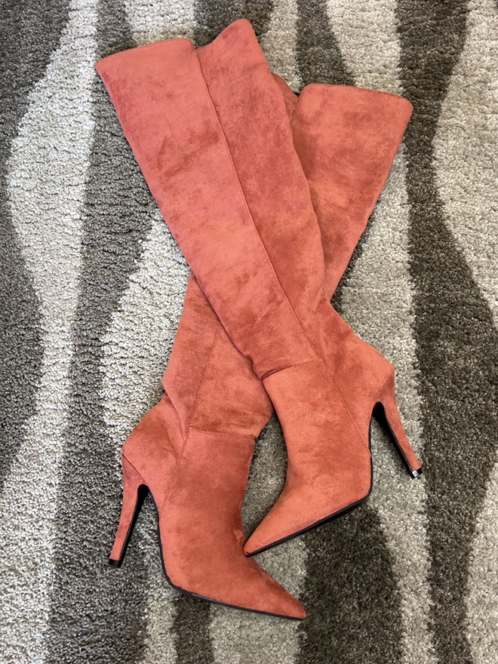 Suede Over-the-Knee High Heel Boots in Rust Pink